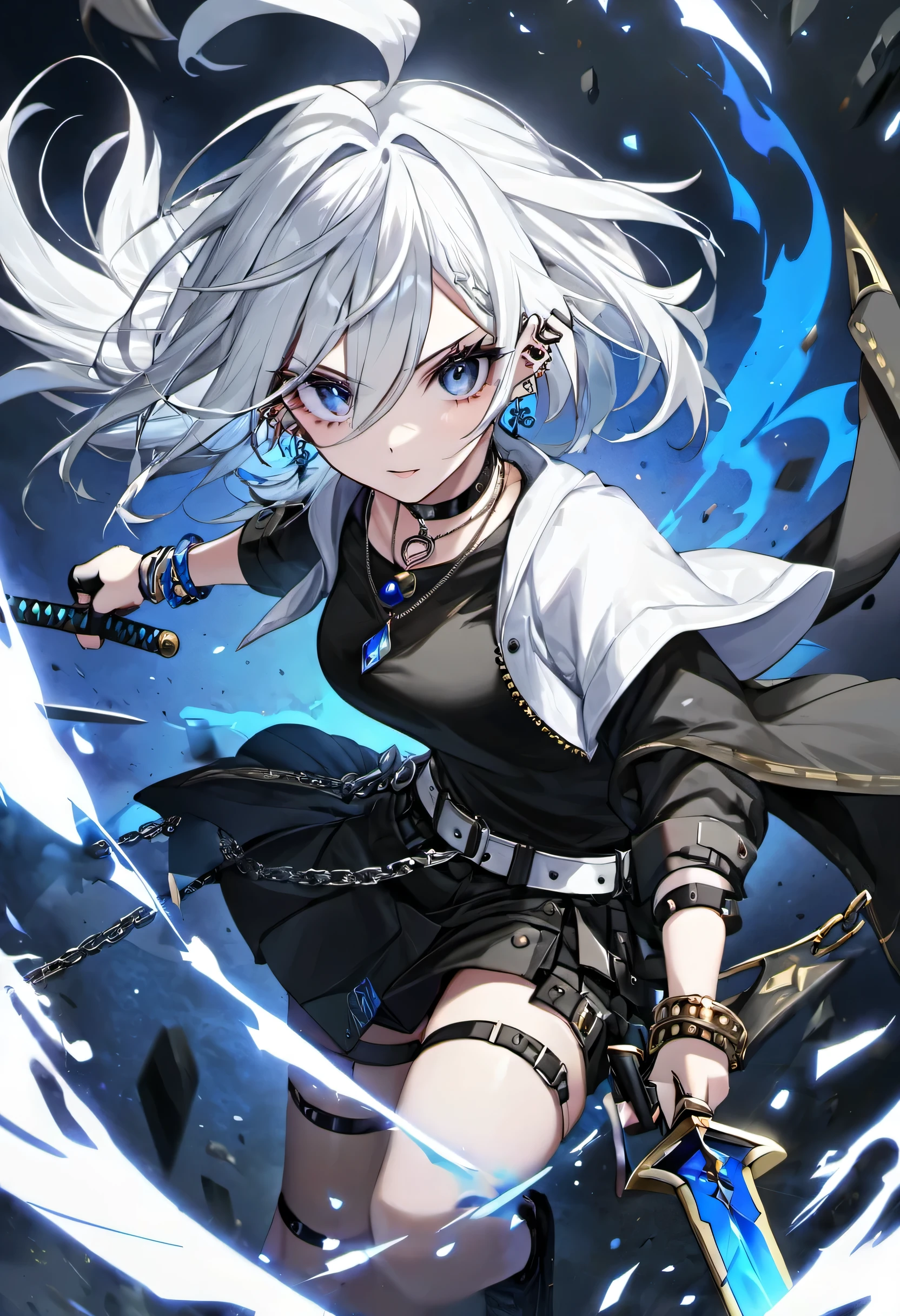 an androgynous person with white MULLET hair her eyes are blue-ish grey, have a lot of titanium piercings and bracelets, wears chain choker, wears an all black combat outfit, her weapons are knives, spears, and swords. she also wears brass knuckles.