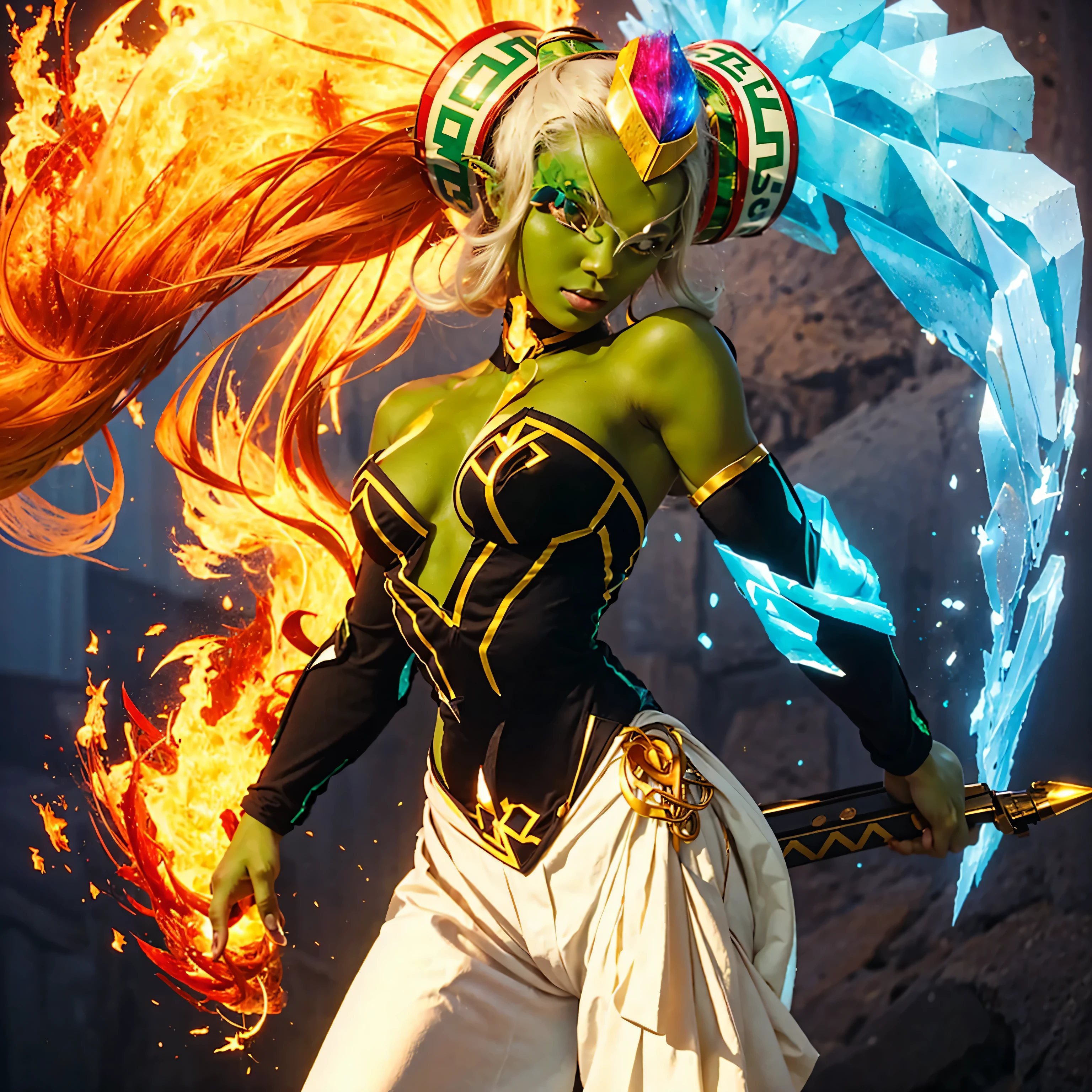 Twinrova, woman, green skin, elemental hair