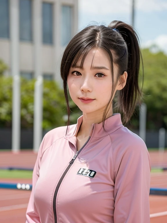 (kawaii 24 year-old Japanese girl, Nogizaka idol, Korean idol), healthy female athlete body, (glossy black hair, high ponytail, short ponytail, ponytail must be in behind the shoulders, bangs:1.3), (forehead without wrinkles:0.8), (rounded face, black eyes, single eyelid, no makeup, soft smiling:1.2), (wearing light pink track jackets:1.3), (flat chest, extra small breasts), (looking at viewer:1.2), BREAK, (track and field background:1.3), (dynamic angle:1.3), face focus, BREAK, (masterpiece, best quality, photo realistic, official art:1.4), (UHD, 8K quality wallpaper, high resolution, raw photo, golden ratio:1.2), (shiny skin), professional lighting, physically based rendering, award winning, (perfect anatomy, highly detailed skin, extremely detailed face and eyes), Carl Zeiss 85 mm F/1.4, depth of field, 1girl, solo,