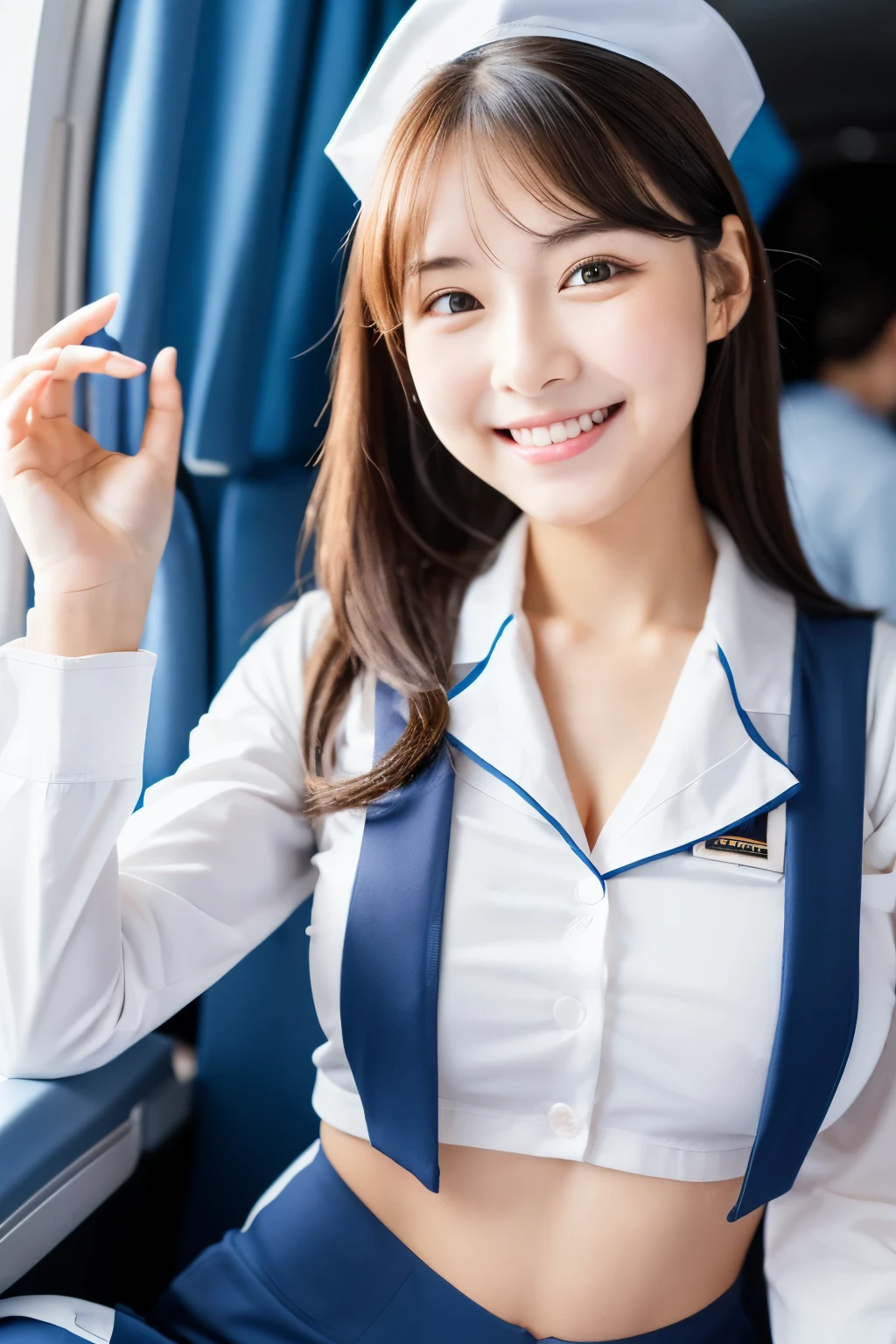 A 22-year-old with a cute, baby-faced idol-like face Occupation: Flight Attendant Gentle and cute smile gently Medium size bust The front of the uniform is open、breasts are visible panties are clearly visible Raw photo genuine real High definition Do not display copyright