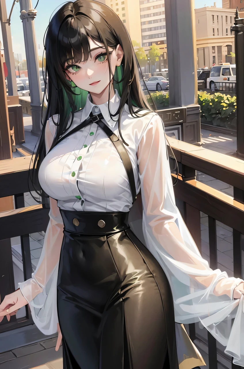 1 Women, long black hair, ((vibrant green eyes)), smiling, ((beautiful)), bangs, above things only, white shirt, black skirt to her knees, mature body, cute, large breast, thick thighs, cloth that covers most of the body, leaning against railing, most of her skin is covered