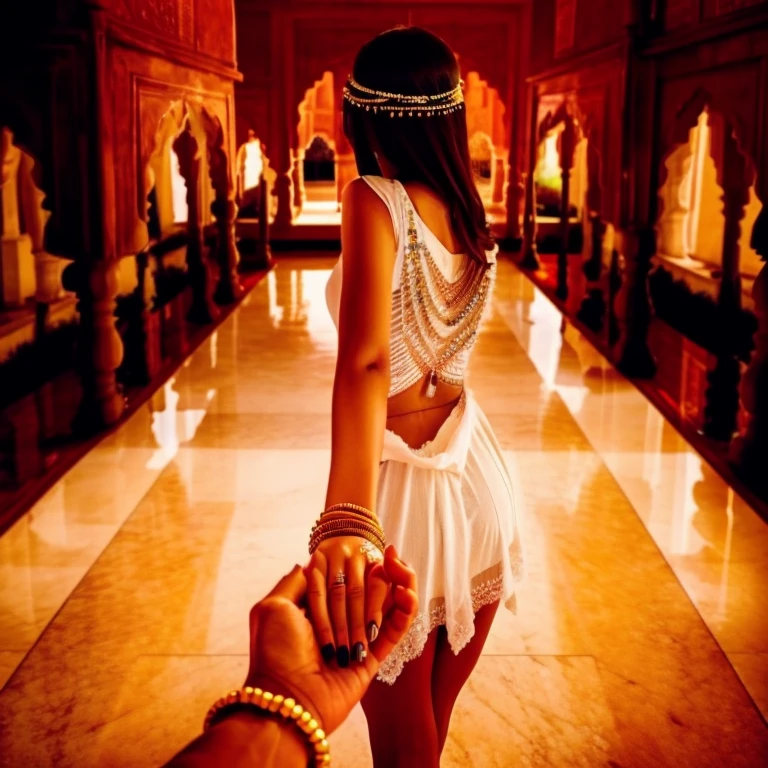 Indain girl,  ultra detailed, highres, masterpiece, by_style, bf_holding_hands, Indian girl holding hands with viewer,  walking in the Taj Mahal, atmosphere, soft lighting, warm colors, embrace, affectionate, gentle touch, intimate moment, happiness, smiles, blissful,loving gaze,deep connection, heartwarming, dreamy background,