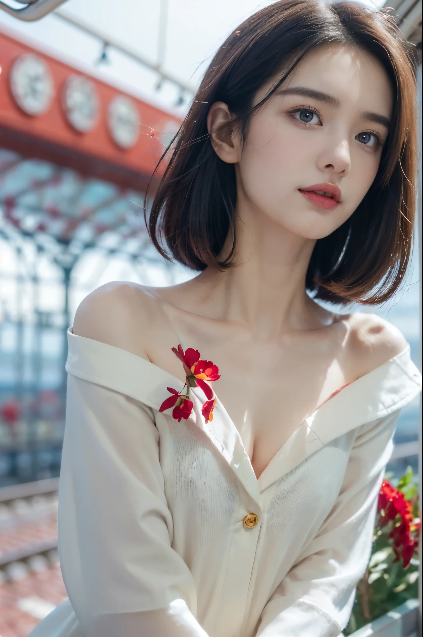 ((((8k))),((Extremely meticulous CG)) ,(wallpaper),16k,((Extremely refined and beautiful)),(((Masterpiece))),(((best qualtiy))),(((Ultra High Resolution))),beautiful light up,realistic shaded,(Smooth and flawless fair skin:1.5),(pale skin:1.3),(Extremely exquisite facial details:1.2),(perfect body:1.1),(ultra-detailed:1.5),((A beautiful girl,solo)),(small head:1.2),(shoulder-length straight bob hair:1.2),(small face:1.2),(baby face:1.3),(Exquisite makeup:1.2),(small breasts:1.2),(flat chests:1.2),((slim,thin)),(laughing:1.2),(happy:1.2),(collared shirt:1.3),(long sleeves:1.2),(shoulder off:1.2),(cleavage:1.2),bra,(day scene:1.2),(cloudy:1.2),(light rain:1.2),(outdoor:1.2),(early spring:1.2),(At the seaside train station full of red flowers:1.5),(On the platform:1.2),(colorful train:1.3),(detailed seaside background:1.5),(standing:1.3),(close-up of upper body:1.3),(from front:1.3),