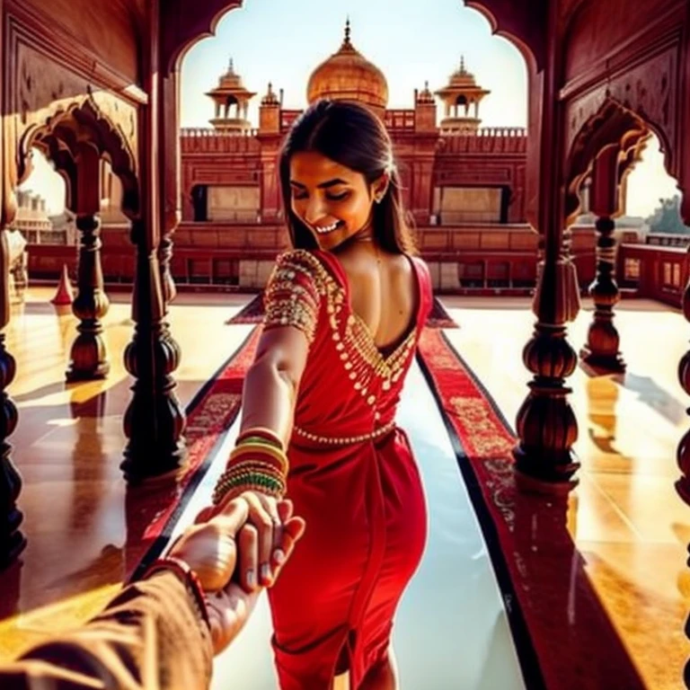 Indian girl, ultra detailed, highres, masterpiece, by_style, bf_holding_hands, 1girl holding hands with viewer, walking in the Red fort, Delhi, atmosphere, soft lighting, warm colors, embrace, affectionate, gentle touch, intimate moment, happiness, smiles, blissful,loving gaze,deep connection, heartwarming, dreamy background,