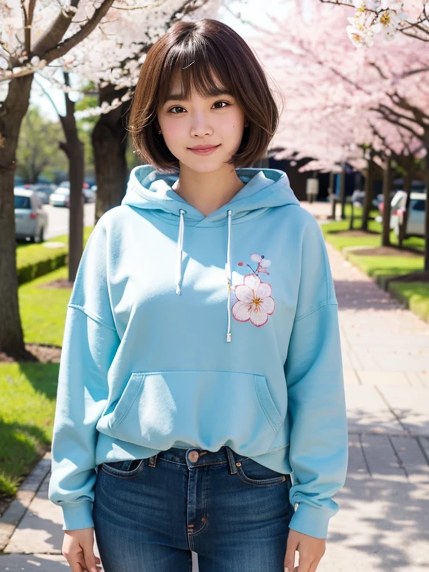 masterpiece, Best Quality, Raw photo, 8K, ultra-detailed face, 1girl, full body, Beautiful detailed skin, backlight, soft light, bashful, (shoot from front:1.2), smile, Luminescent, Anatomically correct, short hair, bangs, Eyes and faces with detailed, Textured skin, Professional Photography, Bokeh, Portrait, Professional Lighting, Solo, Cute, Girly, Film grain, hoodie, jeans, outside, cherry blossoms