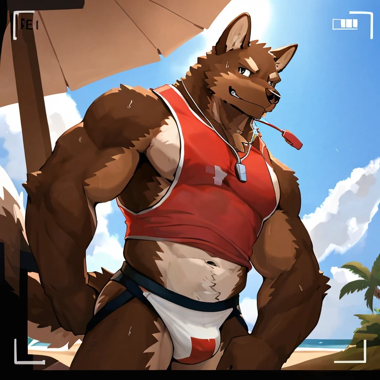 POV,top angle,sleep on stomach,lats,trapezius,butt lift,kemono, anthro (brown dog), male, (brown dog), muscular, back, red body, white belly ,sweat, ((correct anatomy)), sit on tall chair, beautiful beach, perfect beautiful beach background, 1 boy, solo, wearing jockstrap, pain expression, canine tooth, hd, dark shadows, wide dynamic range, hdr, low light:1.2, front view, full body, canid, canine, canis, domesticbrown dog mammal, nordic sled brown dog, fullbody, full res, smile, lifeguard, wearing Tank top, full body, camera view, side view, full view, whistle, look at viewer