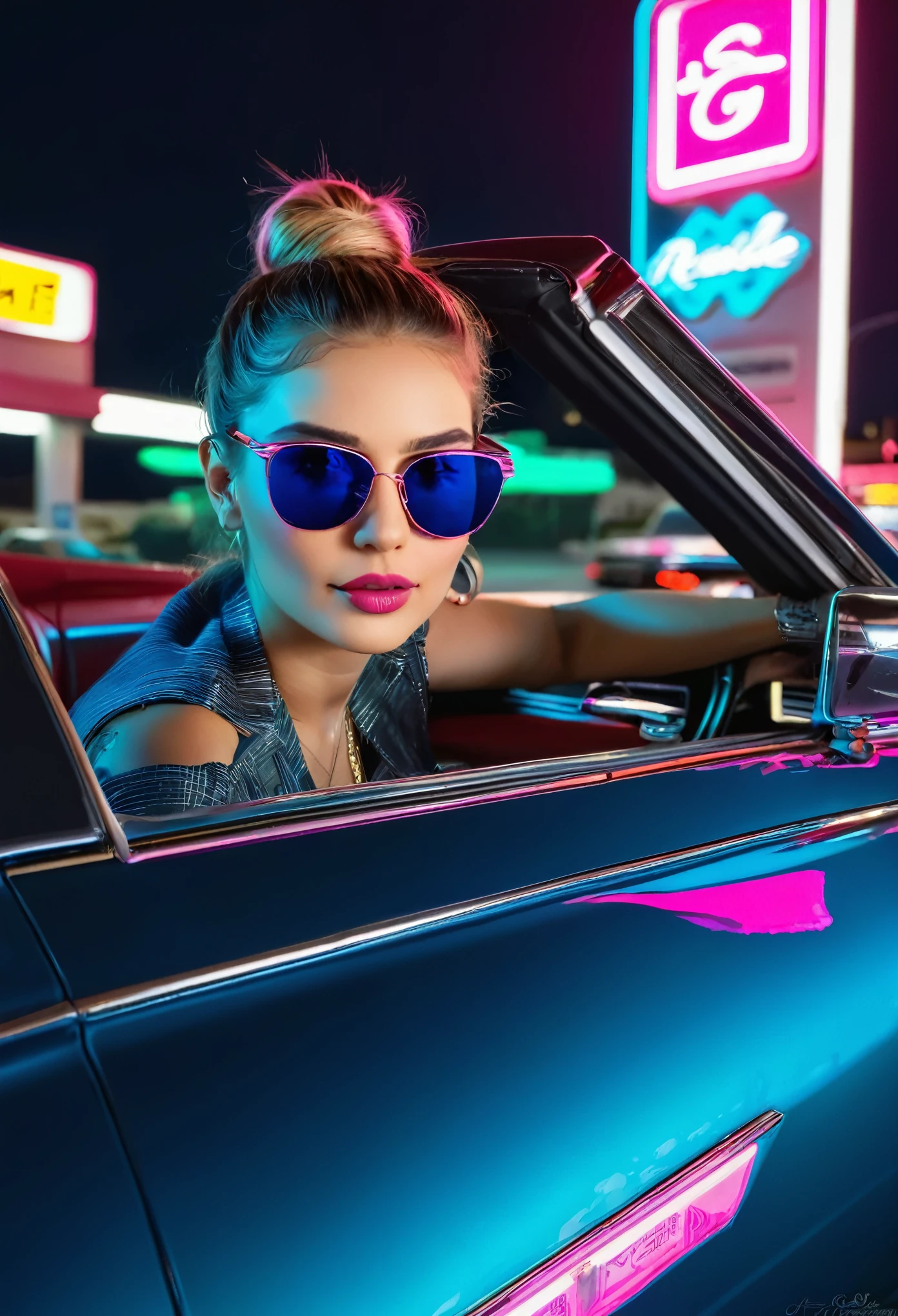 completo, diagonal photo of a 1959 Cadillac Eldorado Biarritz convertible in shiny polished metal bright pink color, cauda longa, a pintura reflete tudo ao seu redor, estilo ciberpunk, cercado de luz neon colorida, roda grossa, roda dourada, detalhes em dourado, Woman in mirrored sunglasses driving, neon na pintura do carro, pintura reflexiva que reflete tudo ao seu redor, farol detalhado, farol muito detalhado, as detailed as possible, hyper-realistic as realistic as possible, Isto'It's in a cyberpunk-style gas station with pink and blue neon lights everywhere, melhor qualidade, CRU, obra-prima, foto super fina, melhor qualidade, super high resolution, fotorrealista, luz solar, enquadrando o carro inteiro na foto, foto de longe incrivelmente bonito,, dynamic poses