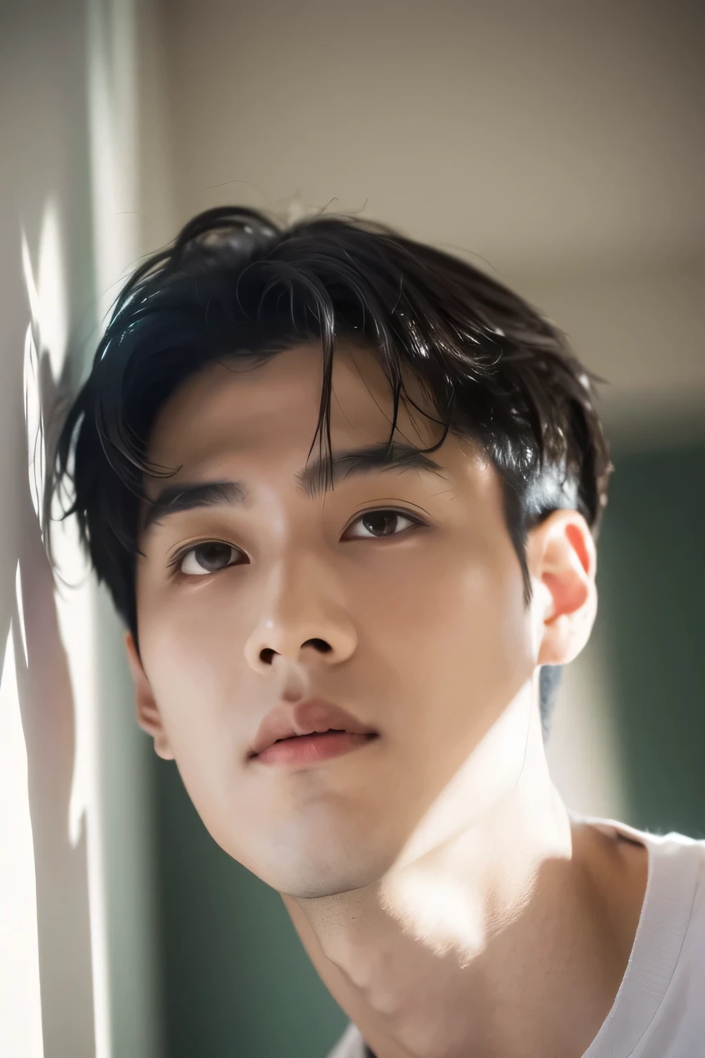 (highest quality、8K、32k、masterpiece、nffsw:1.2)、Photo of cool Japan man、Taken in front of a white wall、Photographed in natural light、Upper body、surface focus、long sleeve shirt、simple necklace、From above、mix 4、(8K、Raw photo、highest quality、masterpiece:1.2)、(realistic、Photoreal:1.37)、1 boy、photon mapping、Physically based rendering、excellent image quality、High resolution、1080p、(pretty face)、(Detailed facial description)、(Detailed explanation of hand setter muscle parts)、(Detailed CG)、 extreme light and shadow、hair is dirty、masterpiece、Rich details、(exquisite features)、(best image quality)、(masterpiece)、(detailed eye)、looking forward to your eyes、delicate clavicle、various poses
