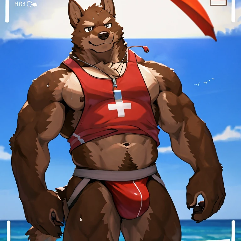 POV,top angle,sleep on stomach,lats,trapezius,butt lift,kemono, anthro (brown dog), male, (brown dog), muscular, back, red body, white belly ,sweat, ((correct anatomy)), sit on tall chair, beautiful beach, perfect beautiful beach background, 1 boy, solo, wearing jockstrap, pain expression, canine tooth, hd, dark shadows, wide dynamic range, hdr, low light:1.2, front view, full body, canid, canine, canis, domesticbrown dog mammal, nordic sled brown dog, fullbody, full res, smile, lifeguard, wearing Tank top, full body, camera view, side view, full view, whistle, look down at viewer