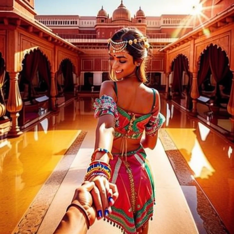 Indian girl,  ultra detailed, highres, masterpiece, by_style, bf_holding_hands, Indian girl holding hands with viewer,  walking in front of the Hawa Mahal, Jaipur, atmosphere, soft lighting, warm colors, embrace, affectionate, gentle touch, intimate moment, happiness, smiles, blissful,loving gaze,deep connection, heartwarming, dreamy background,