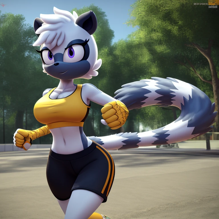 Masterpiece, high quality, studio quality, intricate details, 4k, 1girl, Tangle the Lemur, bare midriff, big breasts,sports bra, daytime, jogging, ((best quality)), ((masterpiece)), (detailed)