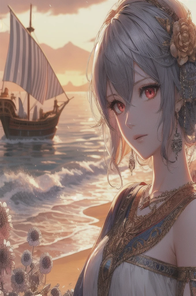 anime girl with red eyes standing in front of a ship in the ocean, arte de anime digital detallado, fondo de pantalla de arte anime 8k, fondo de pantalla de arte anime 4k, fondo de pantalla de arte animado 4k, anime fantasy illustration, anime fantasy illustrations, estilo anime 4k, hermosa doncella, hermosas ilustraciones de anime, Fondo de pantalla animado 4k, Fondo de pantalla manga 4k, Arte detallado de alta calidad 8k