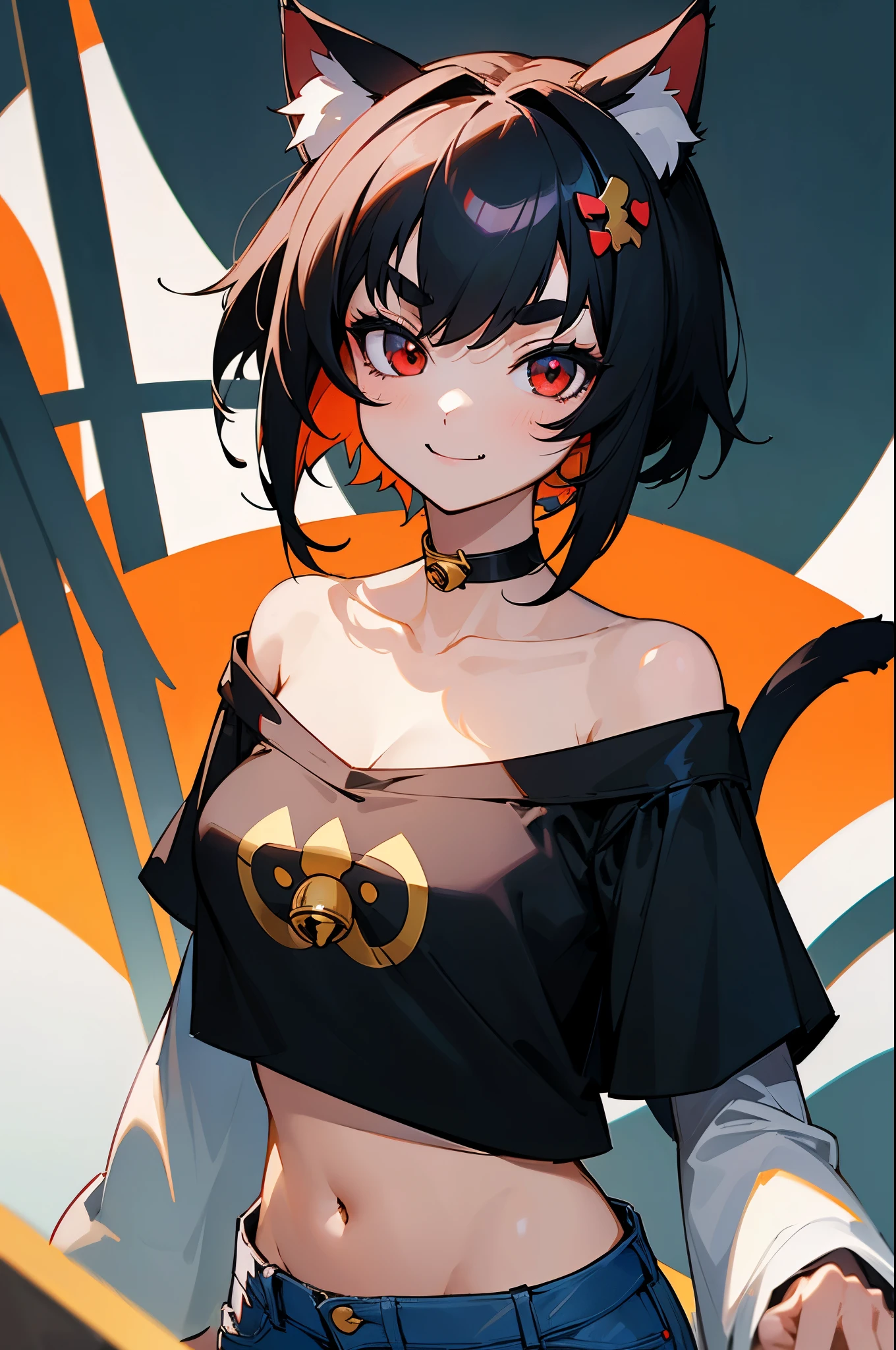 (masterpiece, best quality:1.2),illustration,8k,hd,absurdres,1girl,solo,upper body,(portrait:1.2),animal ears,black hair,red eyes,animal ear fluff,cat ears,short shorts,bell,navel,mismatched eyebrows,cat tail,denim shorts,black shirt,short hair,jingle bell,midriff,cat girl,sandals,long sleeves,fang,smile,off shoulder,looking at viewer,tail bell,tail ornament,flip-flops,bangs,collarbone,breasts,clothes writing,black footwear,open clothes,crop top,
