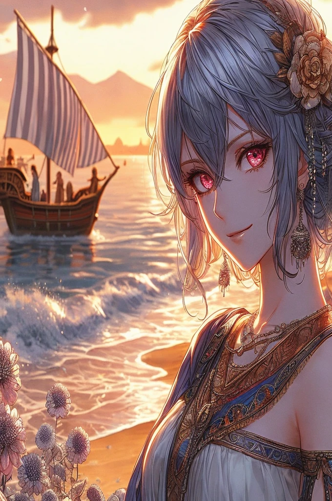 beautiful detailed illustration, arte asombroso, (((Extremadamente detallado))), absurdos, mirando al espectador, solo, mar, Golpes, ojos rojos, ojos medio cerrados, profundidad de campo, obra maestra, Mejor calidad,
tono de piel saludable, ruborUna mujer con elementos de nami de one piece, Qia Ling de Link Click, Melano de Fault Milestone One, cabello plateado que se desvanece en color dorado, ojos carmesi con un toque de plateados, mirada que combina misterio y burla, vestimenta que mezcle vaquero romano y egipcio, in the middle of a beach full of silver ortensias with a boat in the background designed with a mix of Egyptian and Roman boats, todo esto en medio de un atardecer, la mujer se dirige hacia el barco