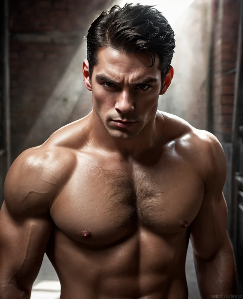 Photo RAW portrait handsome super man, piercing gaze, high quality textures, high quality shadows, high detail, beautiful detail, fine detail, extremely detailed computer graphics, detailed textures, realistic faces, atmosphere of fear and unease, sensual moment from the point of view of someone in a close embrace with a sexy, muscular man