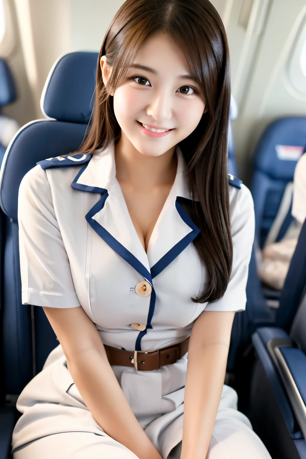 (Ultimate Beautiful Japan Woman), 45 years old, Ultra detailed face, Detailed lips, (Big eyes:1.4), double eyelid, Short brunette hair, (Grin)、Lips parted, ((Wearing a flight attendant uniform))、((Big ample breasts)), (curve), Thighs Thighs Thighs Thighs、(Cowboy Shot:1.3), Exactly, Depth of written boundary、Perfect Image Realism, background:((Inside the plane))、细致background, Detailed costume, Perfect lighting、Hyperrealism、Photorealistic、Maximum resolution 8K, (masterpiece), Very detailed, Professional