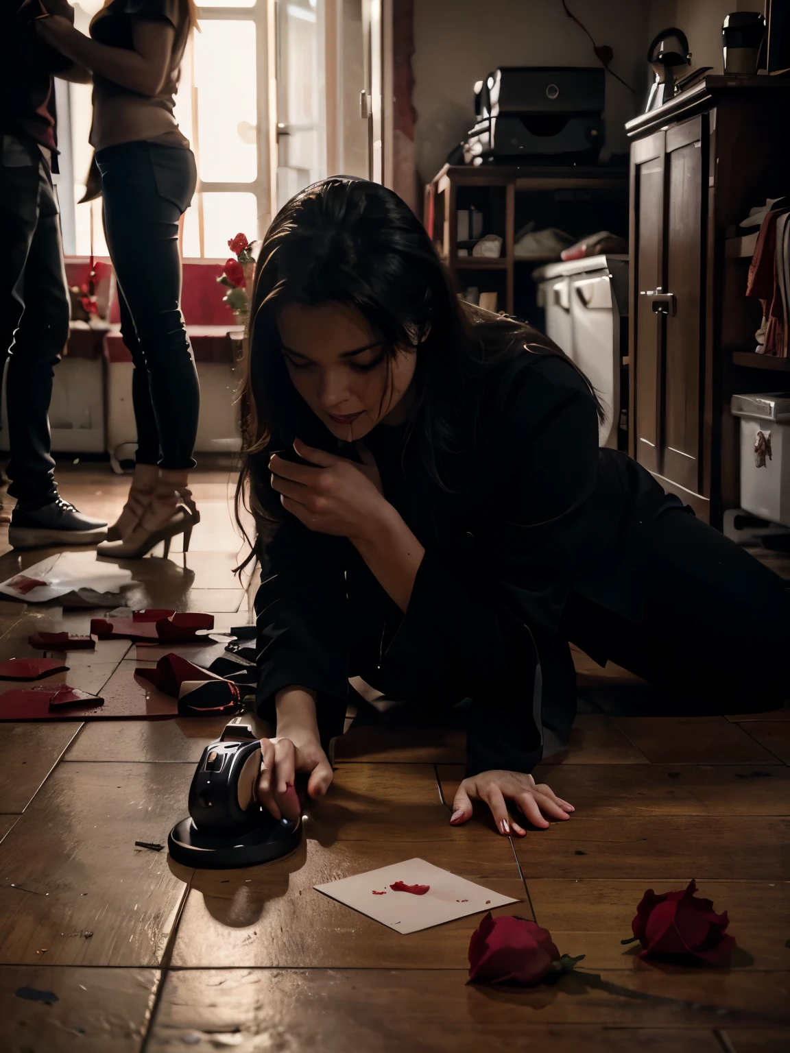 create a picture showing a hand on the floor holding a bloody phone with an incoming call on the screen. Make the scene looks like a scene in a movie in a thriller genre. The hand is surrounded by bloody love letters and roses.
