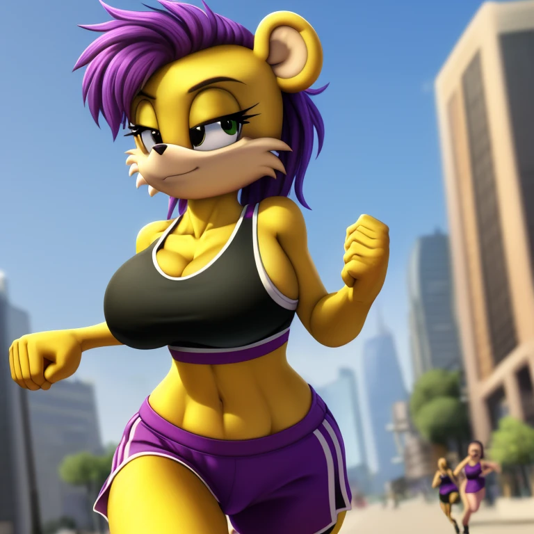 Masterpiece, high quality, studio quality, intricate details, 4k, 1girl, Mina Mongoose, bare midriff, big breasts,sports bra, daytime, jogging, ((best quality)), ((masterpiece)), (detailed)