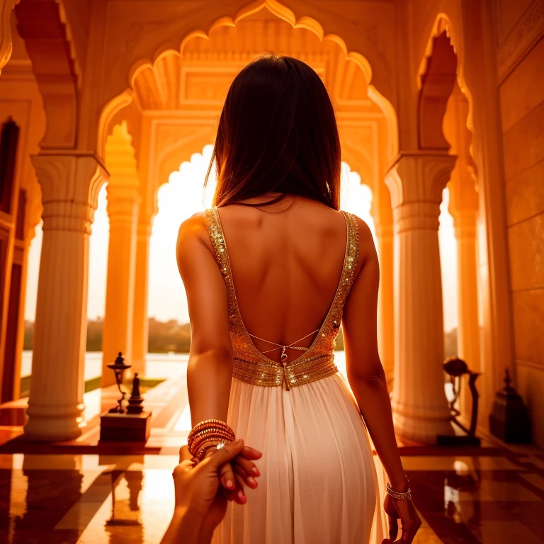 Indian girl,  ultra detailed, highres, masterpiece, by_style, bf_holding_hands, Indian girl holding hands with viewer,  walking in the Taj Mahal, atmosphere, soft lighting, warm colors, embrace, affectionate, gentle touch, intimate moment, happiness, smiles, blissful,loving gaze,deep connection, heartwarming, dreamy background,