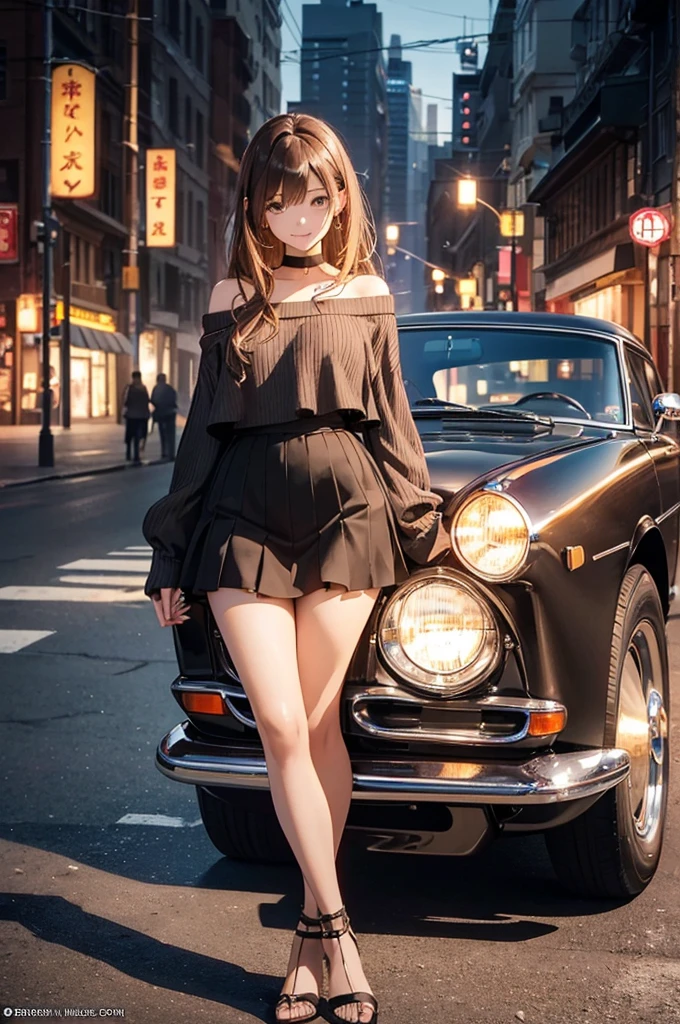 (official art、highest quality、Unity 8k wallpaper、32k、masterpiece、super detailed、超A high resolution、realistic、Photoreal:1.2)、(cinematic lighting:1.2)、fire glow effect、film grain、best shadow、rim lighting、side light、side shot、(Super detailed and complex 3D rendering)、詳細なbeautiful faceと目、Slender、medium bust、(full body:1.2)、 highly detailed background、beautiful face、blurred background、20 year old beauty、(super dense skin、fine skin texture:1.3)、chestnut hair、brown eyes、hip hop cable、off shoulder、jumper skirt、black stockings、(thighs thighs thighs:0.8)、knit sandals、City of night、Open your mouth and smile sweetly、choker、dynamic pose、(Classic car on the background of a woman、woman illuminated by headlights:1.2)