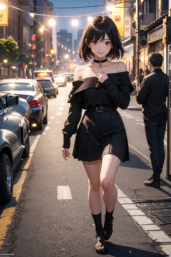 (official art、highest quality、Unity 8k wallpaper、32k、masterpiece、super detailed、超A high resolution、realistic、Photoreal:1.2)、(cinematic lighting:1.2)、fire glow effect、film grain、best shadow、rim lighting、side light、side shot、(Super detailed and complex 3D rendering)、詳細なbeautiful faceと目、Slender、medium bust、(full body:1.2)、 highly detailed background、beautiful face、blurred background、20 year old beauty、(super dense skin、fine skin texture:1.3)、chestnut hair、brown eyes、hip hop cable、off shoulder、jumper skirt、black stockings、(thighs thighs thighs:0.8)、knit sandals、City of night、Open your mouth and smile sweetly、choker、dynamic pose、(Classic car on the background of a woman、woman illuminated by headlights:1.2)