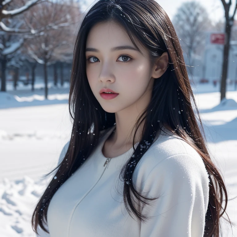 Portrait photography, beautiful girl, black long hair, gorgeous dress, snow scene, snow, snow, outdoor, (RAW photo, best quality), (realistic, photo realism: 1.3), masterpiece, extremely precise and beautiful, high resolution, original, perfect photo, (extremely detailed CG: 1.2), unified, 2K, wallpaper, stunning, fine details