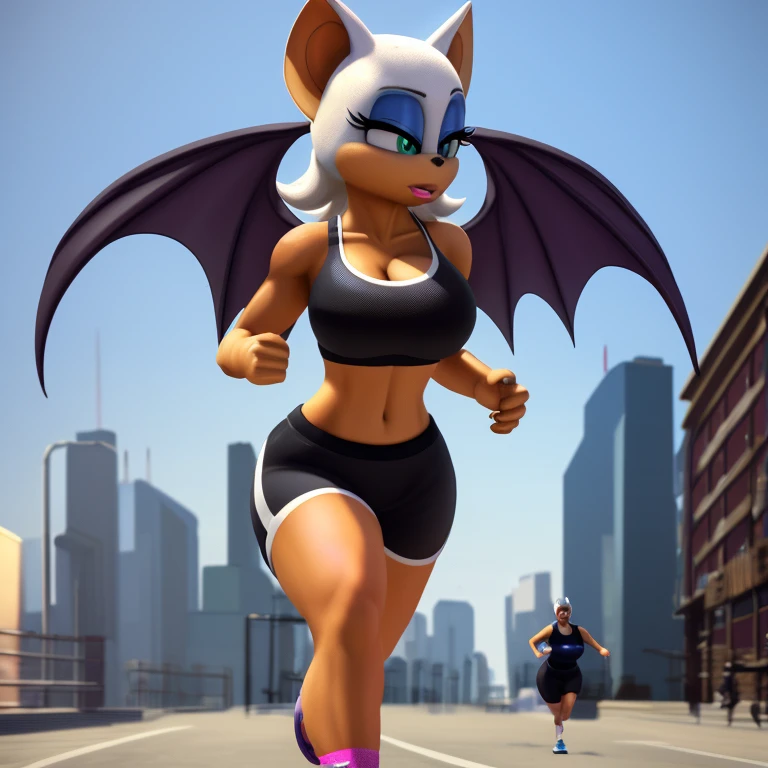 Masterpiece, high quality, studio quality, intricate details, 4k, 1girl, Rouge the Bat, bare midriff, big breasts,sports bra, daytime, jogging, ((best quality)), ((masterpiece)), (detailed)