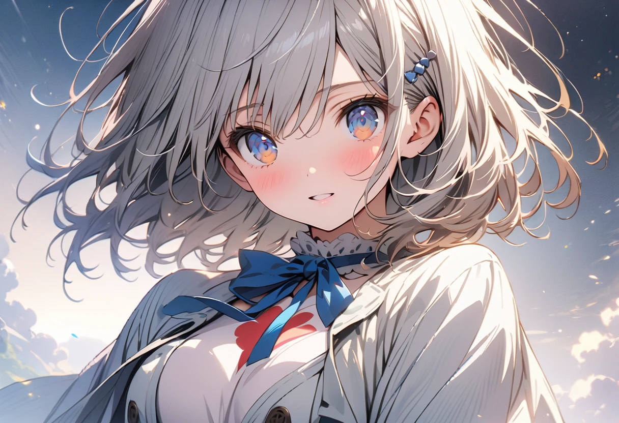 ((masterpiece)), ((highest quality)), ((High resolution)), ((Highly detailed CG integrated 8k wallpaper)), ((The girl on one side has long blonde hair that extends to her back and is tied in a half up side tail with a red ribbon. and orange eyes:1.4)), beige blazer, and thin red ribbon across chest and white shoulder less dresses, ((The other girl is short bob silver hair and dark blue eyes and big blue ribbon on the chest:1.4)), white blazer, cute, (two friends:1.4), white blubbery coat, (upper half of body), ((masterpiece, top quality, very detailed)), anime, girl, skirt , dumpy coat, (short silver hair, indigo eyes), white blazer and large light blue ribbon across chest, close friends, lovers, two people, masterpiece, best quality, extremely detailed, anime, girl, skirt , fantastic midnight , like a dreamy tale, Two hairpins in the front