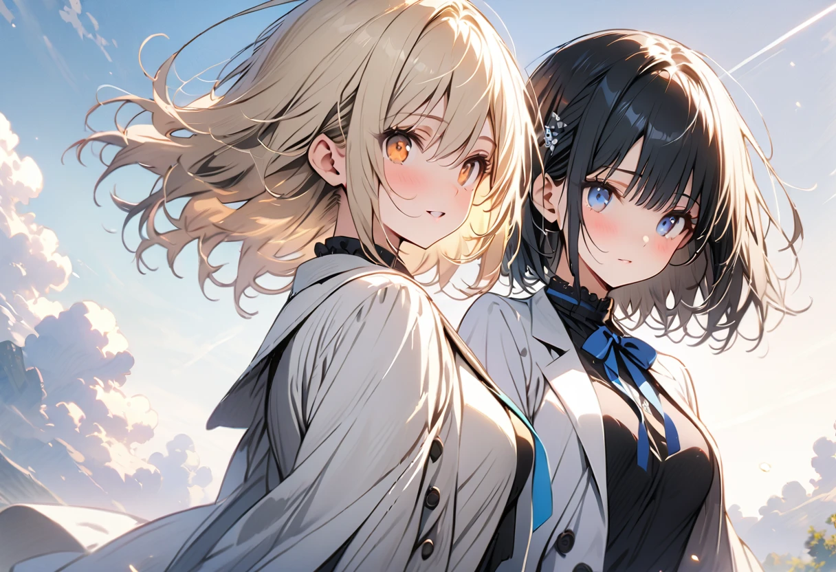 ((masterpiece)), ((highest quality)), ((High resolution)), ((Highly detailed CG integrated 8k wallpaper)), ((The girl on one side has long blonde hair that extends to her back and is tied in a half up side tail with a red ribbon. and orange eyes:1.4)), beige blazer, and thin red ribbon across chest and white shoulder less dresses, ((The other girl is short bob silver hair and dark blue eyes and big blue ribbon on the chest:1.4)), white blazer, cute, (two friends:1.4), white blubbery coat, (upper half of body), ((masterpiece, top quality, very detailed)), anime, girl, skirt , dumpy coat, (short silver hair, indigo eyes), white blazer and large light blue ribbon across chest, close friends, lovers, two people, masterpiece, best quality, extremely detailed, anime, girl, skirt , fantastic midnight , like a dreamy tale, Two hairpins in the front
