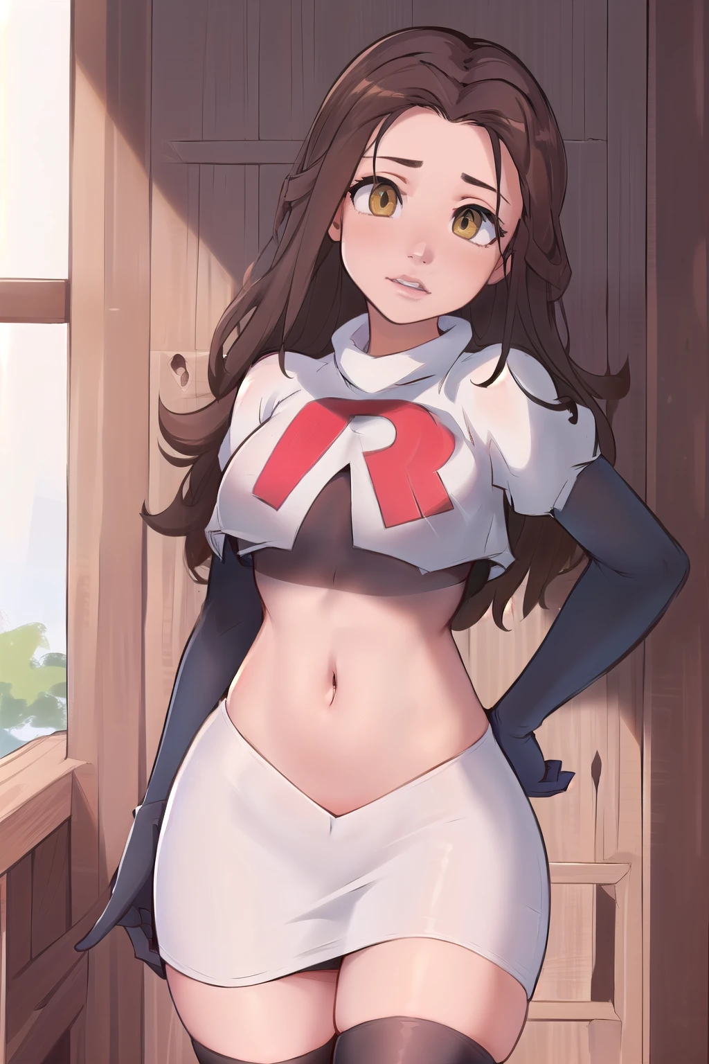 ((masterpiece, best quality:1.2),
BelleWaifu,18 years old,beautiful face,elegant face,(beautiful slanted eyes:1.4),brown eyes,breasts,cowboy shot, team rocket,team rocket uniform,white skirt,red letter R,crop top,black thigh-highs,black elbow gloves