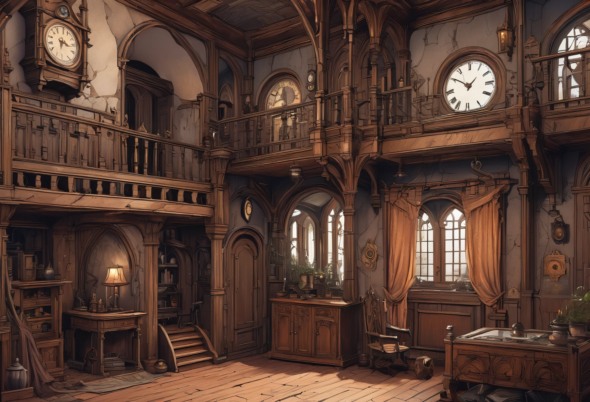 Large cross-section of a house with a clock and many rooms, Concept art inspired by Anton Pieck, A large group of male and female vampires, shutter stock, gothic art, Castlevania Soton, Ultra-detailed haunted house, gothic mansion, Beautifully detailed pixel art, gothic mansion room, Spooky mansion, The hideout of evil villains, Complex from Baldur&#39;s Gate, Scary detailed color art