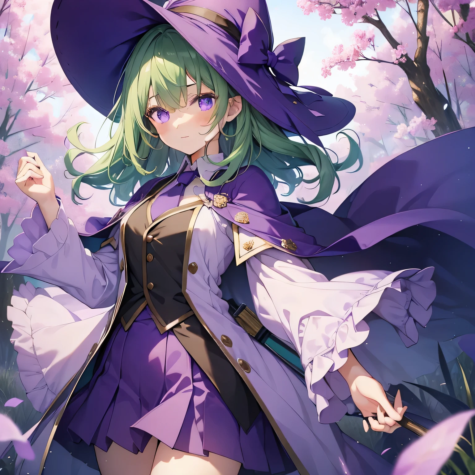 highest quality、very delicate and beautiful、(teenage girl)、purple eyes、green hair、short haired、(Purple Witch Hat)、Purple tie、I、short sleeve、purple skirt、tactical vest,purple wizard's robe、belly button、standing、facing the front、Expressions of hatred