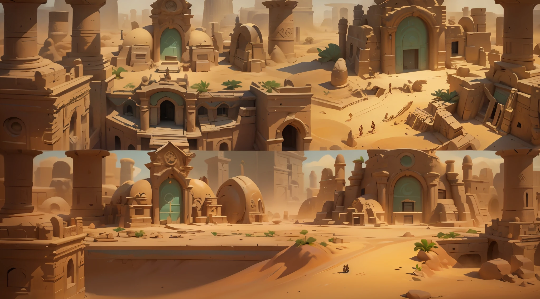 a close up of a cartoon of a desert with a building, wakfu colors + symmetry, game concept art, painted as a game concept art, 2 d game environment design, game concept, ancient ruins background, desert temple, detailed game art, sand and desert environment, game environment design, egyptian environment, scenery game concept art, stylized concept art