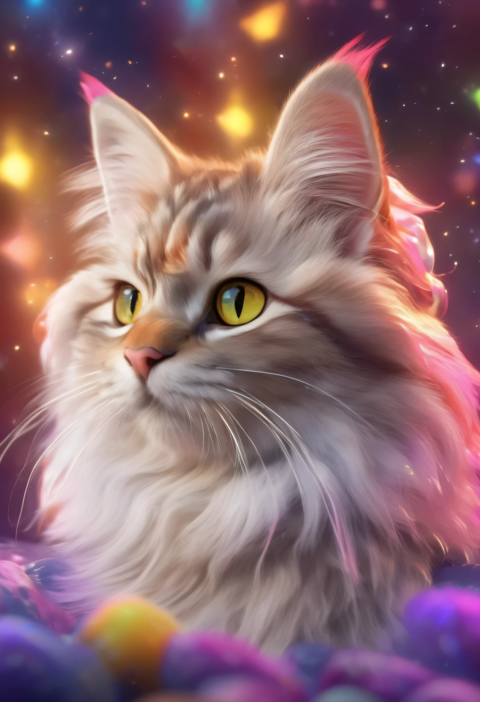 (best quality,4k,8k,highres,masterpiece:1.2),ultra-detailed,(realistic,photorealistic,photo-realistic:1.37),beautiful cat,fantastical fur,fantasy world cat,happiness,Minsha art,illustration,soft lighting,vibrant colors,ethereal atmosphere,dreamy background,playful demeanor,curious eyes,whiskers,Kaleidoscope-like patterns,fluffy tail,tufted ears,sparkles