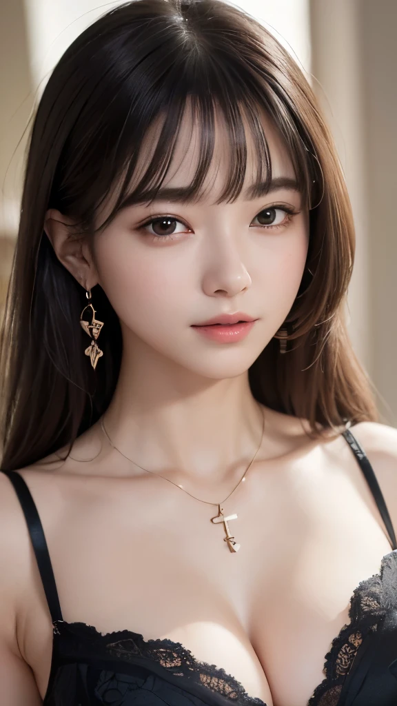 (8K, Raw photo, highest quality, masterpiece: 1.2), Super detailed, super resolution, (genuine, genuine photos: 1.37), portrait, High-definition RAW color photo, professional photos, 非常に詳細で美new, very detailed, 8K wallpaper, amazing details, huge file size, official art, very detailed CG Unity 8K wallpaper, very detailed beautiful girls, very detailed facesHighly detailed eyes, Very fine skin, very detailed fingers, very small nose, very detailed detailed mouth, perfect anatomy, detailed background, fine clothes,20th generation, cute girl, genuineistic body, white skin, glowing skin, (dull bangs: 1.2), smile, cute, like々new, cute face, genuineistic face, delicate eyes, sagging eyes, fashionable clothes、Loose tops、 (悲new表情), ((sexy and dynamic pose)), necklace, earrings, looking at camera, Contrapos, dynamic lighting, G cup breasts,big breasts、whole body
