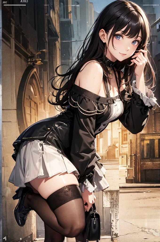 (official art、highest quality、Unity 8k wallpaper、32k、masterpiece、super detailed、超A high resolution、realistic、Photoreal:1.2)、(cinematic lighting:1.2)、fire glow effect、film grain、best shadow、rim lighting、side light、side shot、(Super detailed and complex 3D rendering)、詳細なbeautiful faceと目、Slender、medium bust、(full body:1.2)、 highly detailed background、beautiful face、blurred background、20 year old beauty、(super dense skin、fine skin texture:1.3)、chestnut hair、brown eyes、hip hop cable、off shoulder、jumper skirt、black stockings、(thighs thighs thighs:0.8)、knit sandals、City of night、Open your mouth and smile sweetly、choker、dynamic pose、(Classic car on the background of a woman、woman illuminated by headlights:1.2)