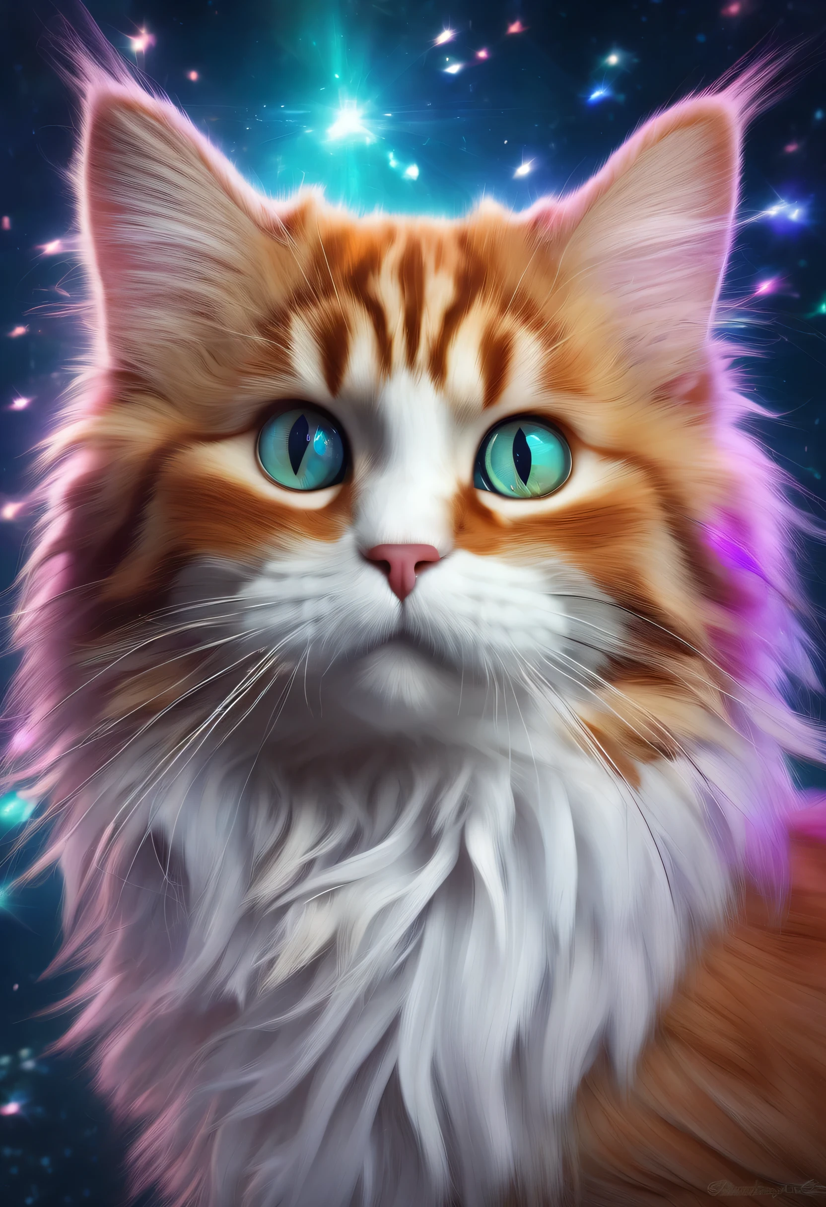 (best quality,4k,8k,highres,masterpiece:1.2),ultra-detailed,(realistic,photorealistic,photo-realistic:1.37),beautiful cat,fantastical fur,fantasy world cat,happiness,Minsha art,illustration,soft lighting,vibrant colors,ethereal atmosphere,dreamy background,playful demeanor,curious eyes,whiskers,Kaleidoscope-like patterns,fluffy tail,tufted ears,sparkles