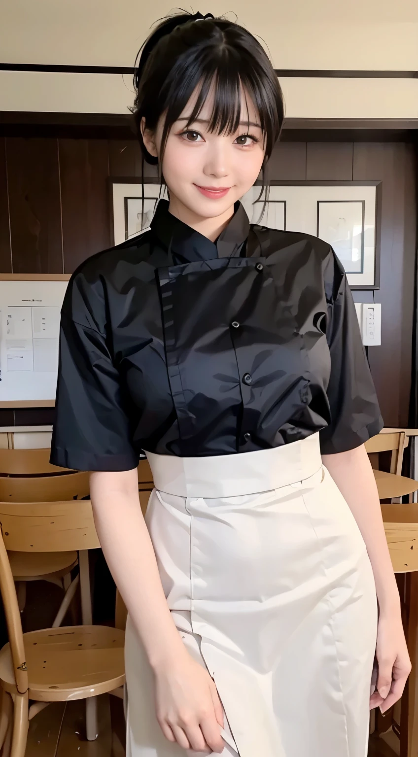 (highest quality,masterpiece:1.3,ultra high resolution,),(Super detailed,caustics),(Photoreal:1.4,RAW shooting,)ultra-realistic capture,very detailed,High resolution 16K human skin close-up。 natural skin texture、,The pores are、、、、Must be detailed enough to be easily identified。 Skin should look even-toned and healthy。 Use natural light and color,restaurant,waitress uniform,1 girl,Japanese,18-year-old,cute,black haired,ponytail,big breasts,smile,turn your body forward,(Front view:1.1),look at the camera,cowboy shot,