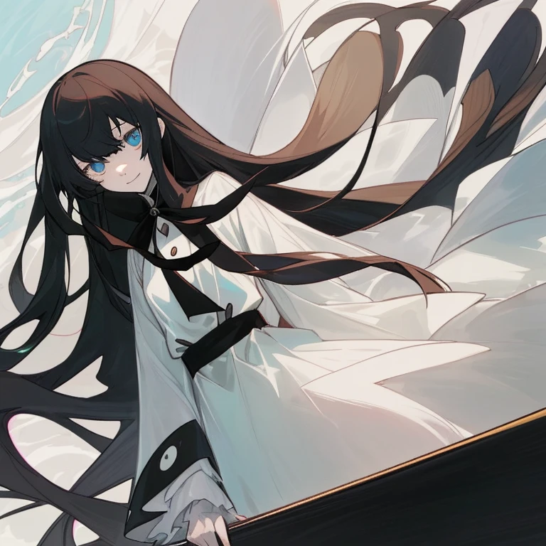 Anime drawing of a long black haired girl, oceanic blue eyes and fair skin wearing a . Bungou Stray Dogs art style and has the looks of Chuuya and her mother.