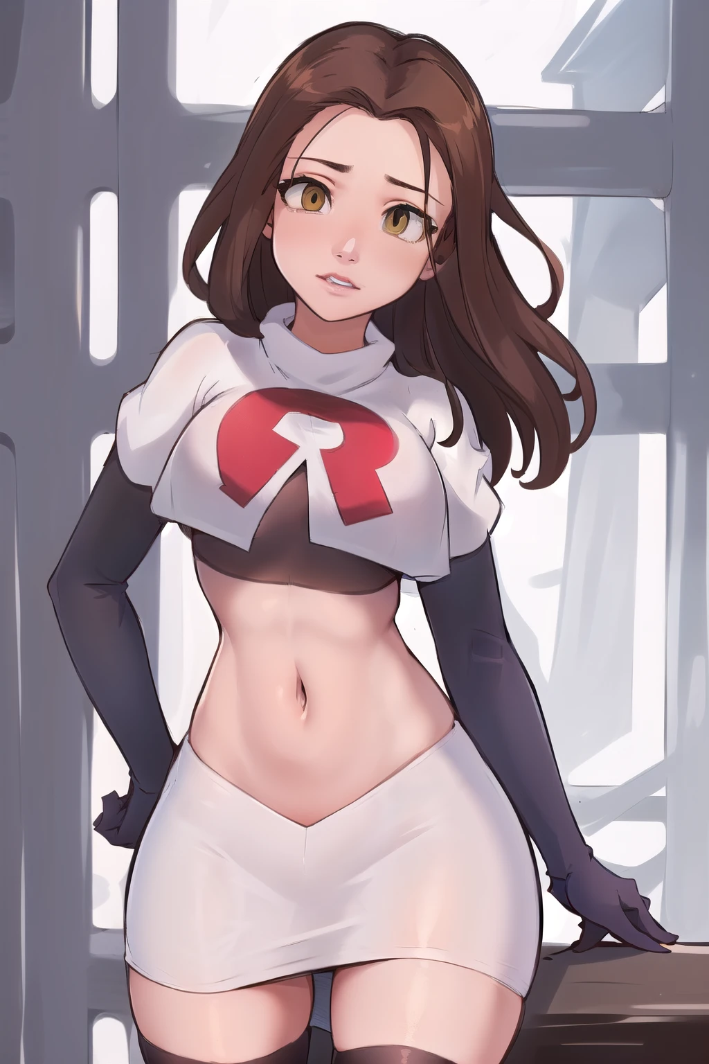 ((masterpiece, best quality:1.2),
BelleWaifu,18 years old,beautiful face,elegant face,(beautiful slanted eyes:1.4),brown eyes,breasts,cowboy shot, team rocket,team rocket uniform,white skirt,red letter R,crop top,black thigh-highs,black elbow gloves