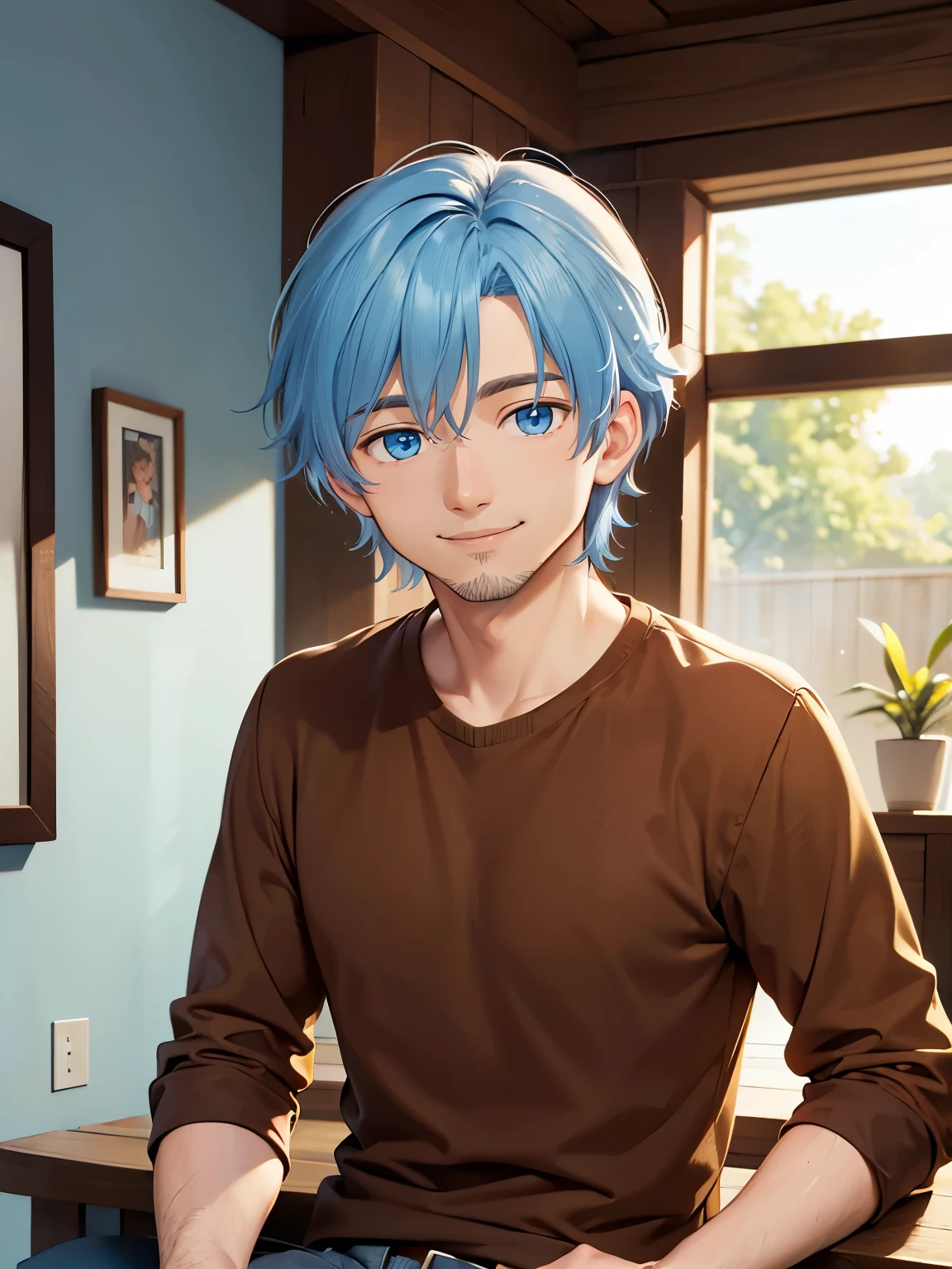 Man, guy, brown shirt, brown pants, medium length hair, light blue hair, blue eyes, home, male, portrait, closeup, calm, smile, shaved beard