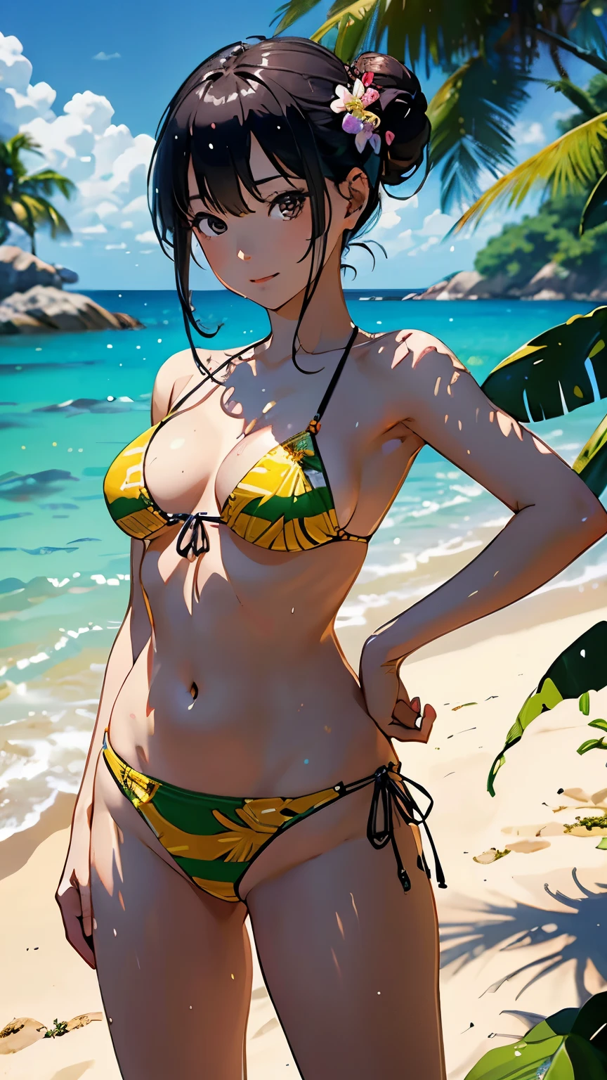 (highest quality, masterpiece, High resolution)、(anime art)、 (reality)、beautiful japanese woman、(1 woman)、18-year-old、(put your hands on your hips)、(Detailed depiction of a beautiful face)、smile gently、small breasts、slim body shape、medium short hair、semi-long、bun hair、Wet 水着、bikini、モノキニbikini、A pareo skirt with bold ethnic patterns and plenty of primary colors、realistic skin、Wet、full body、No zoom、No close-ups、cinematic light、Tropical shades、(blank background)、(white background)、