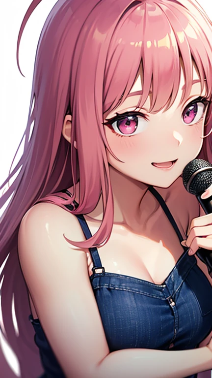 最high quality,very detailed,high quality,Extremely detailed,masterpiece,Super fine,ultra high resolution,超high quality,super delicate face,super realistic,(1 person:1.2)、woman、(Mature:1.5)、pink hair color、long hair、(pink eyes)、small breasts 、slender body, Ahoge、smile、(sing:1.3), perfect face, beautiful proportions, Hold the microphone to your mouth, Stage Background、T-shirt、jeans、(Upper body close-up:1.3)