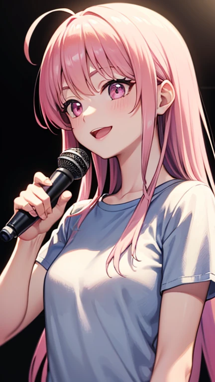 最high quality,very detailed,high quality,Extremely detailed,masterpiece,Super fine,ultra high resolution,超high quality,super delicate face,super realistic,(1 person:1.2)、woman、(Mature:1.5)、pink hair color、long hair、(pink eyes)、small breasts 、slender body, Ahoge、smile、(sing:1.3), perfect face, beautiful proportions, Hold the microphone to your mouth, Stage Background、T-shirt、jeans、(Upper body close-up:1.3)