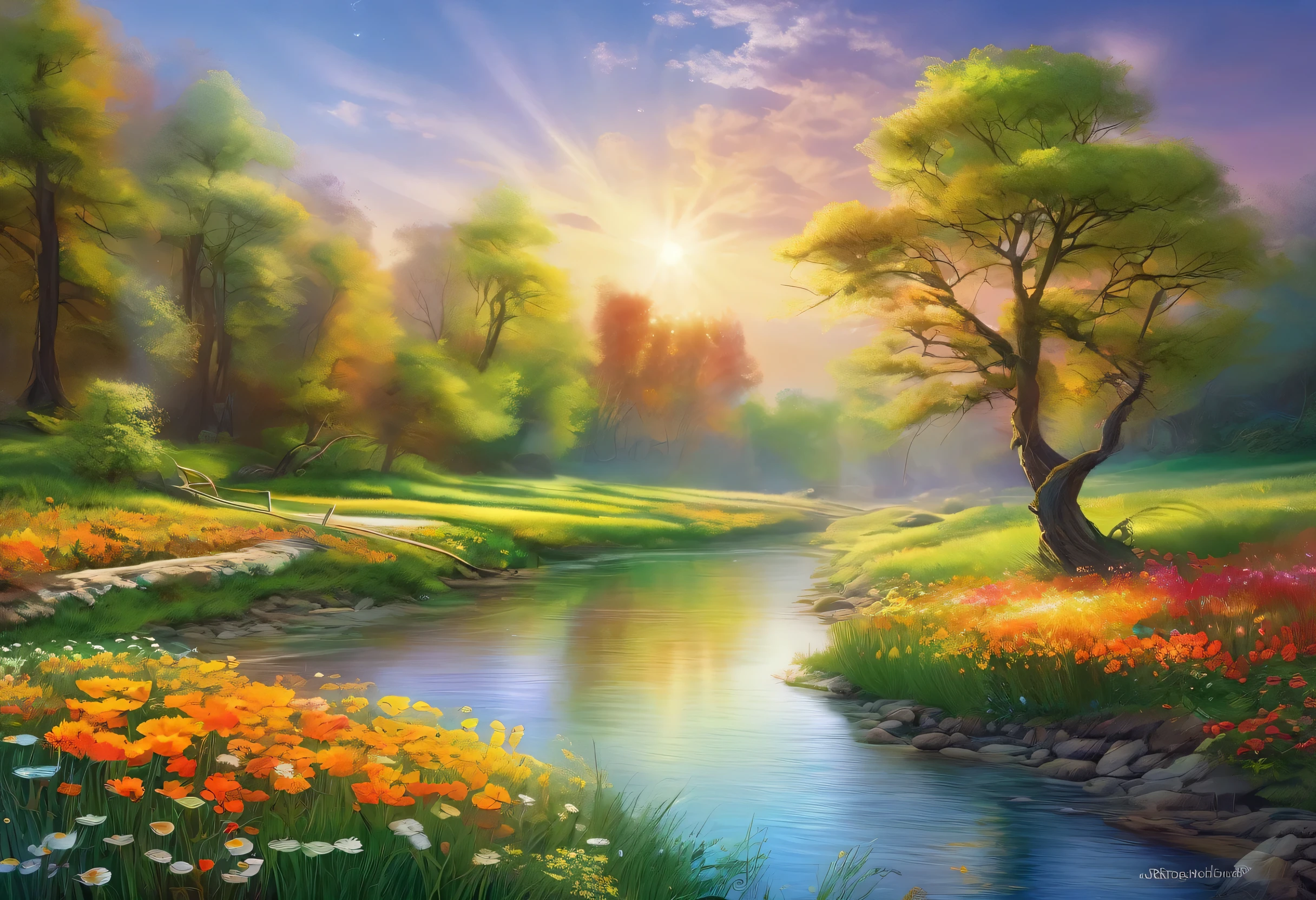 (best quality,ultra-detailed,highres,masterpiece:1.2),beautiful,serene landscape,(vivid colors,nature:1.1),charming illustration,attracts viewers,photorealistic art,conveys happiness,luck-bringing depiction,realistic scenery,picturesque setting,enchanted atmosphere,(harmonious,natural:1.1) elements,imaginative composition,(ethereal,magical:1.1) ambiance,invokes joy and tranquility,(fine details,meticulous strokes),captivating imagery,(blissful,hopeful) portrayal,peaceful surroundings,mesmerizing visual,(delicate,soft:0.9) and (bright,vibrant:1.1) color palette,(subtle textures,smooth and flowing lines),optimistic vibe,brings forth feelings of happiness and contentment,photography-inspired artwork