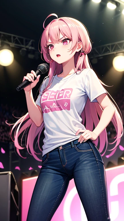 最high quality,very detailed,high quality,Extremely detailed,masterpiece,Super fine,ultra high resolution,超high quality,super delicate face,super realistic,(1 person:1.2)、woman、(Mature:1.5)、pink hair color、long hair、(pink eyes)、small breasts 、slender body, Ahoge、serious face、(sing:1.3), perfect face, beautiful proportions, Hold the microphone to your mouth, Stage Background、T-shirt、jeans、