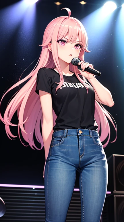 最high quality,very detailed,high quality,Extremely detailed,masterpiece,Super fine,ultra high resolution,超high quality,super delicate face,super realistic,(1 person:1.2)、woman、(Mature:1.5)、pink hair color、long hair、(pink eyes)、small breasts 、slender body, Ahoge、serious face、(sing:1.3), perfect face, beautiful proportions, Hold the microphone to your mouth, Stage Background、T-shirt、jeans、