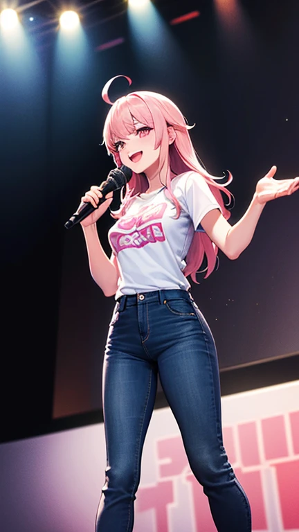 最high quality,very detailed,high quality,Extremely detailed,masterpiece,Super fine,ultra high resolution,超high quality,super delicate face,super realistic,(1 person:1.2)、woman、(Mature:1.5)、pink hair color、long hair、(pink eyes)、small breasts 、slender body, Ahoge、smile、(sing:1.3), perfect face, beautiful proportions, Hold the microphone to your mouth, Stage Background、T-shirt、jeans、