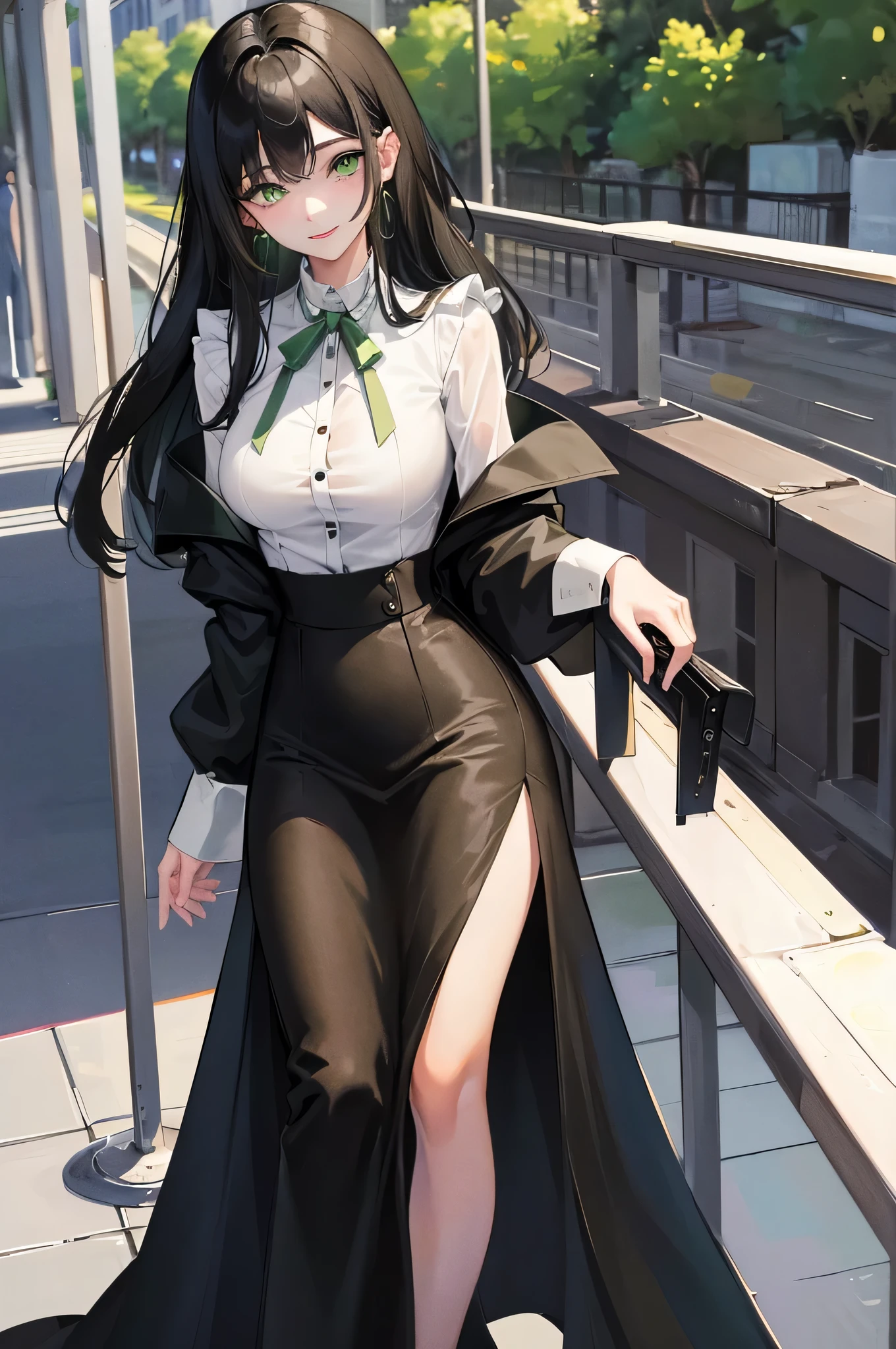 1 girl, long pure black hair, ((vibrant green eyes)), smiling, ((beautiful: 1.2)), bangs, above things only, white shirt, long black skirt to her knees, mature body, cute, breast, thick thighs, cloth that covers most of the body, leaning against railing, mature face and mature body.