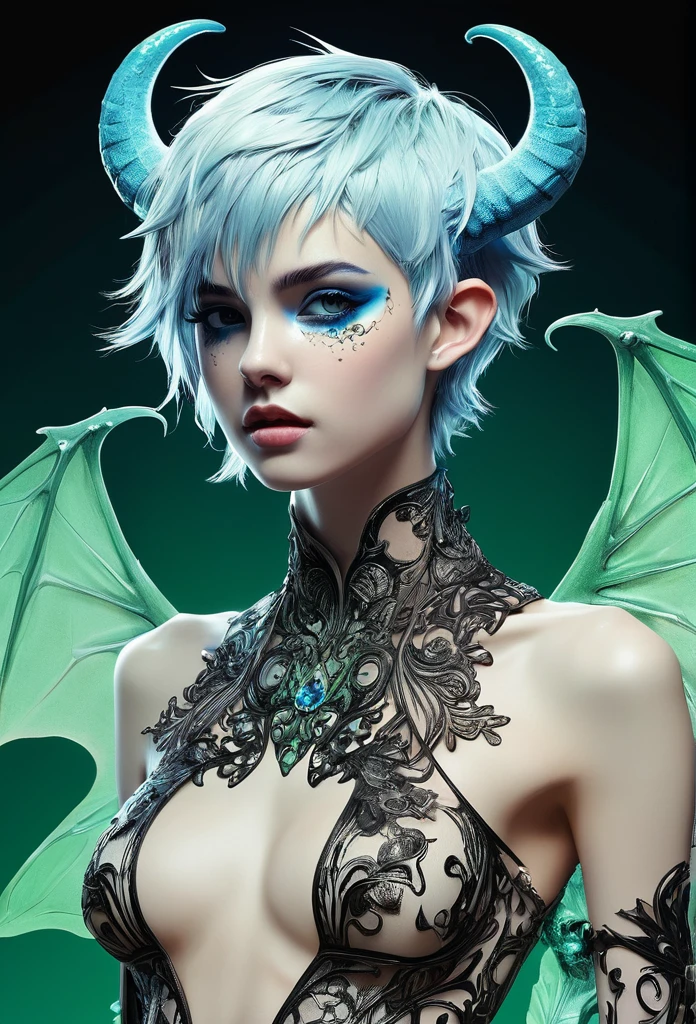 (skeleton like:0.4), ((A daring and cute tomboy succubus with short hair that has a( blue )tint, a toned stomach with visible abs, and a youthful appearance. She has a confident smirk on her full lips and a spark of mischief in her green eyes),( Bright beautiful eyes), trending on artstation, Flowers of Hope Jean Honor Fragonard, Peter Mohrbacher, hyper detailed, crazy details, Deafening, difficult, elite, Art Nouveau, ornate, liquid wax, elegant, extravagant, luxury, Greg Rutkowski, Ink style, sticker, vector art, Beautiful character design, double exposure photo, luminous design, award-winning, masterpiece, amoled black background, (Full torso),